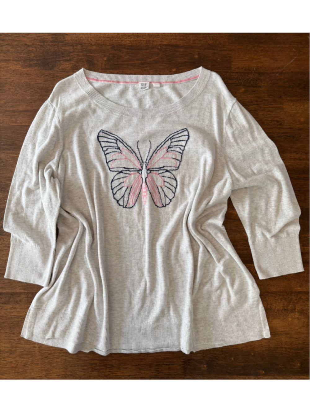 GAP Women's Lightweight Knit Butterfly Intarsia Sweater Gray Pink 3/4 Sleeve XXL